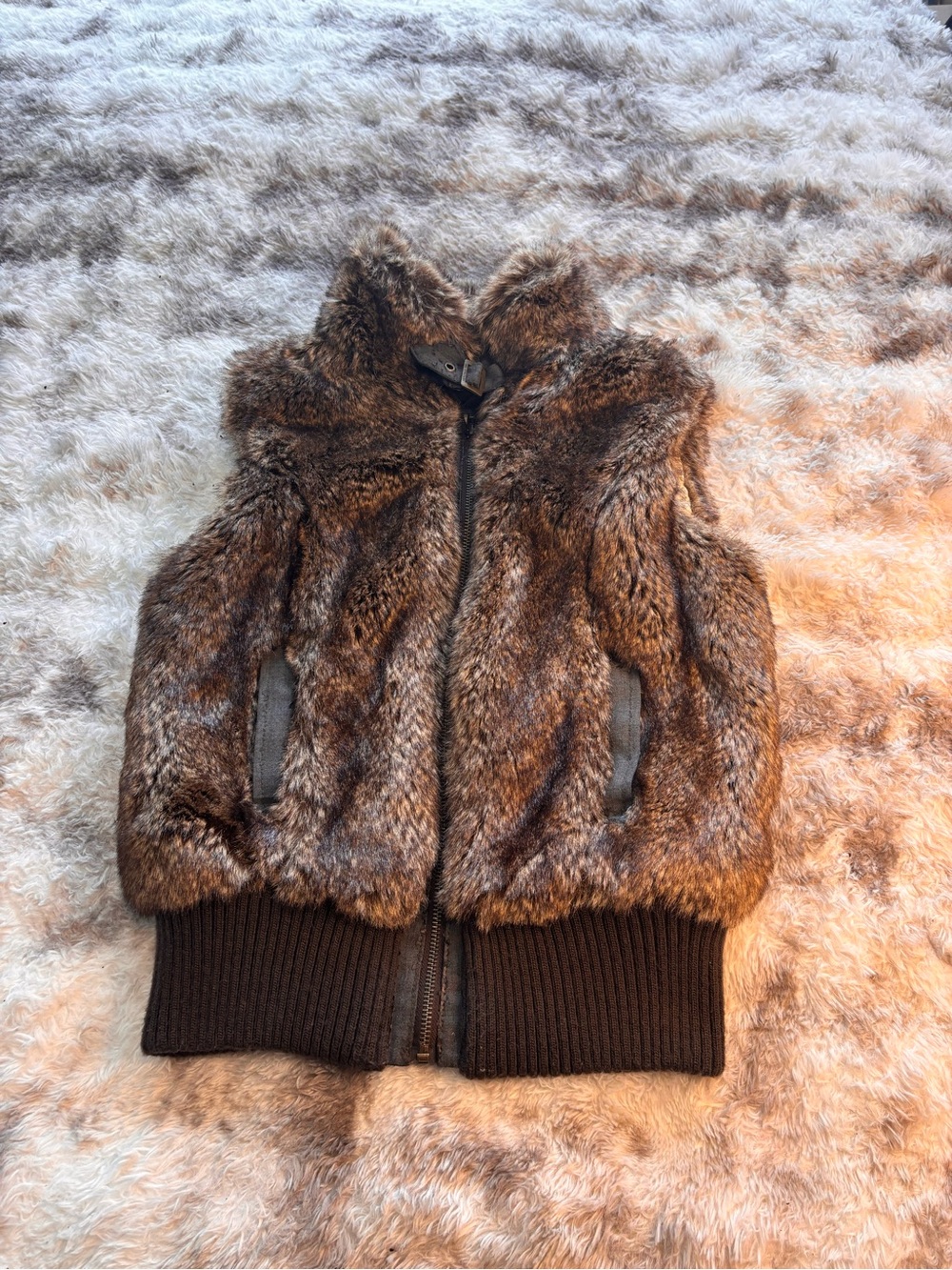 Heritage 1981 Brown Faux Fur Hooded Vest with Ribbed Hem